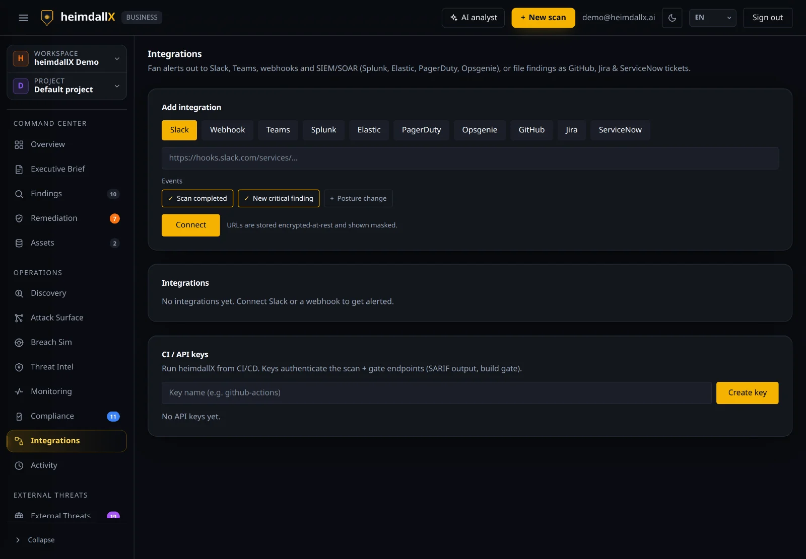 Integrations — Slack, Teams, SIEM/SOAR, Jira, GitHub, ServiceNow, and CI/API keys