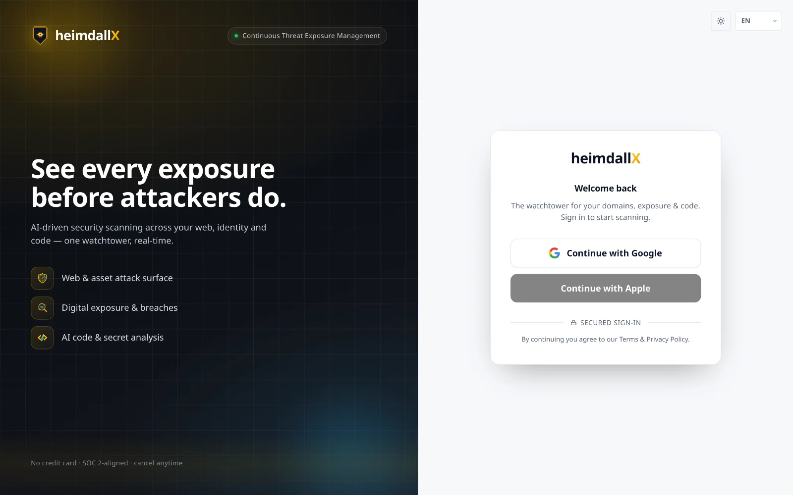 heimdallX login screen — sign in with Google or Apple