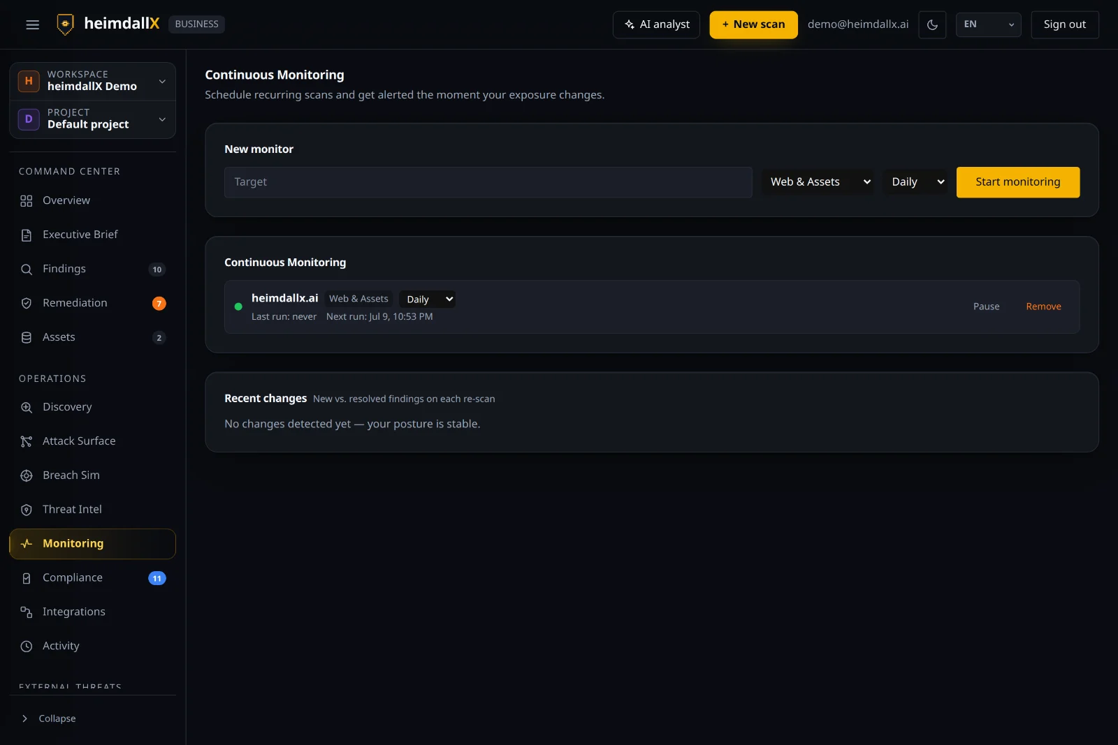 Continuous monitoring — scheduled re-scans and change tracking