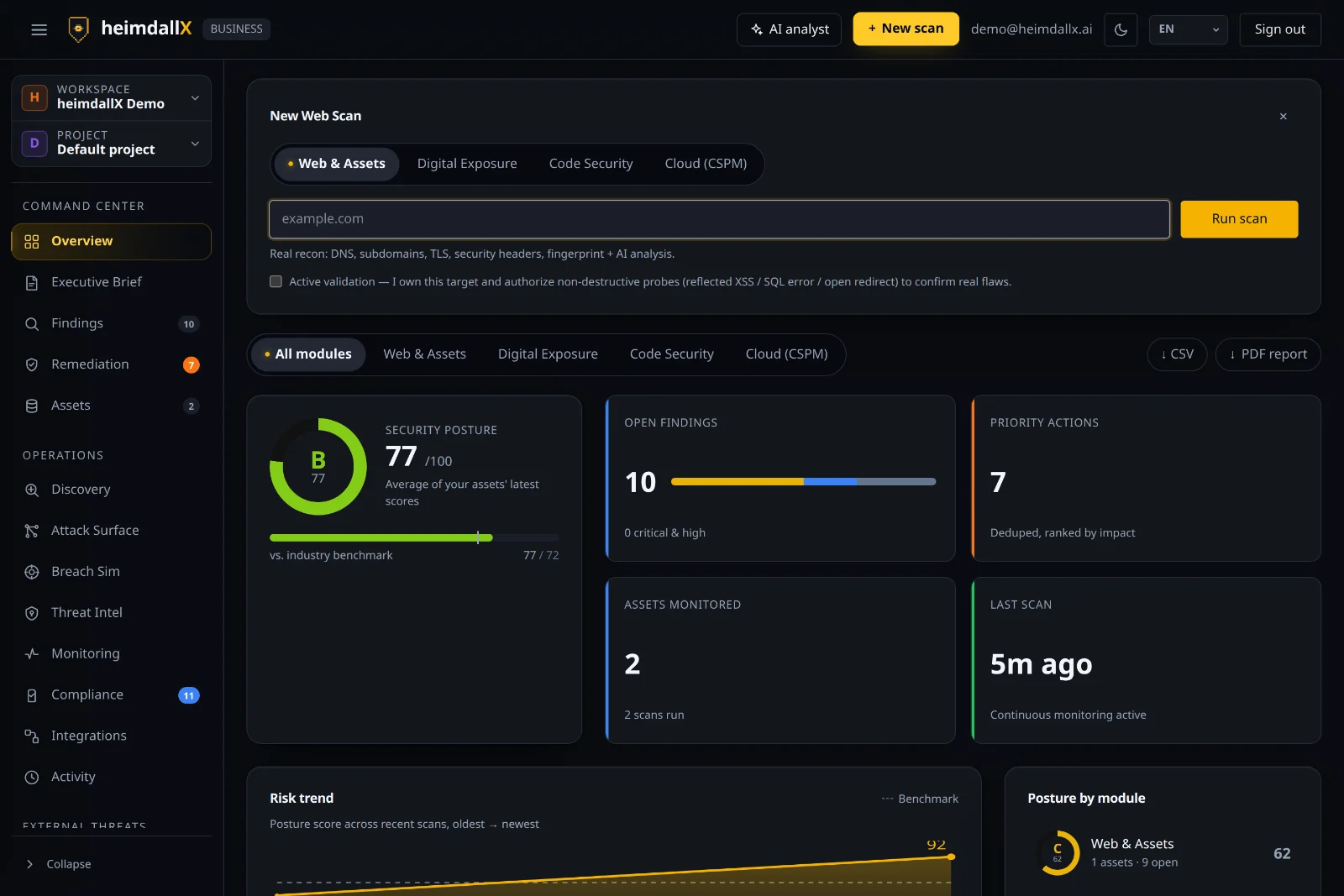 New web scan runner — pick a module, enter the target, agree to active validation